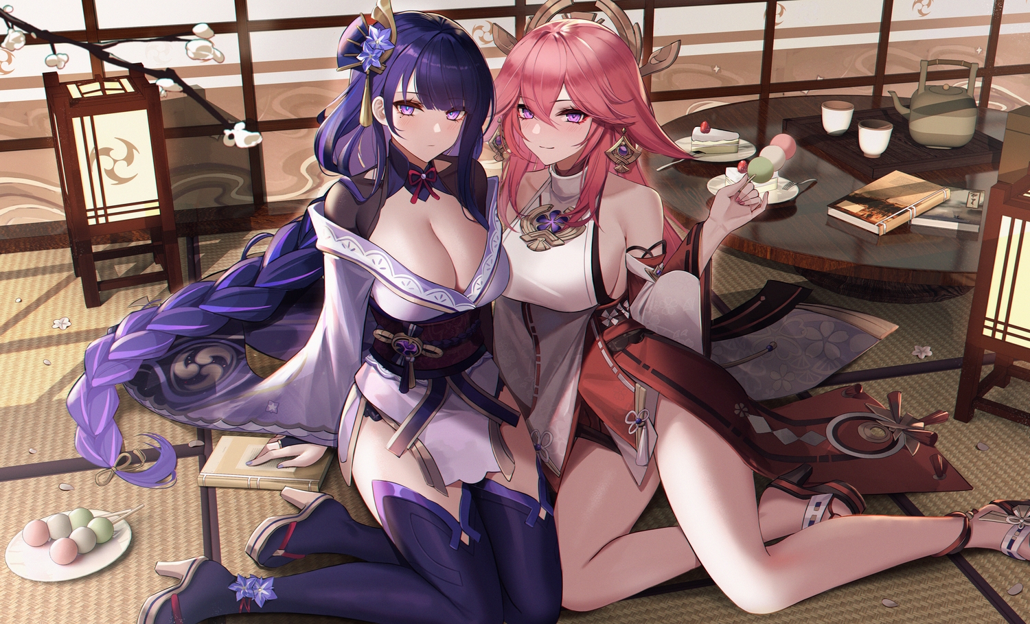 2girls, animal_ears, blush, book, braids, breasts, cake, cleavage, eternity_(pixiv8012826), flowers, food, foxgirl, fruit, genshin_impact, headdress, japanese_clothes, long_hair, petals, pink_hair, purple_eyes, purple_hair, raiden_shogun, sideboob, strawberry, thighhighs, yae_miko