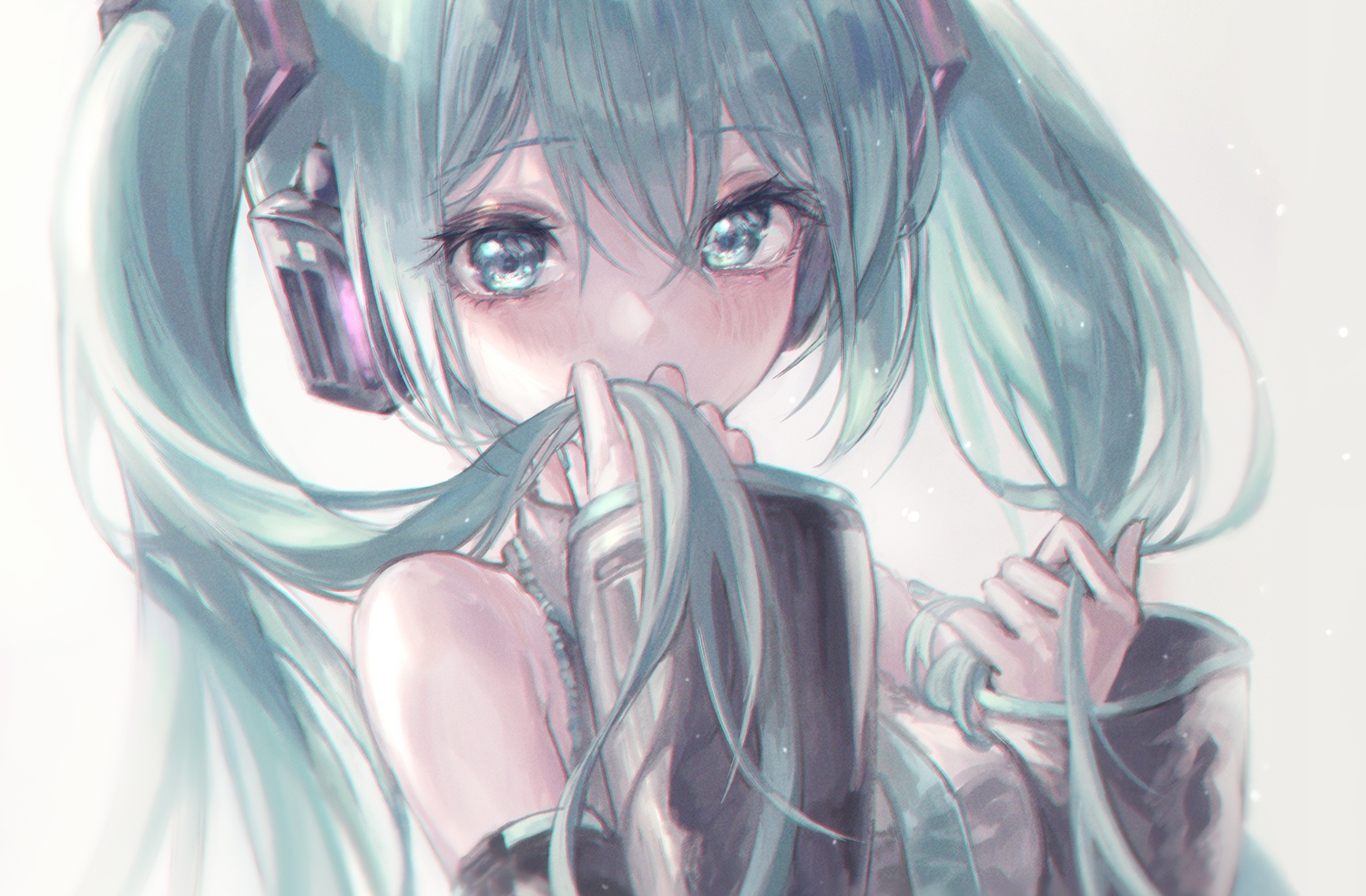 aqua_eyes, aqua_hair, blush, close, hatsune_miku, long_hair, marutani, polychromatic, twintails, vocaloid