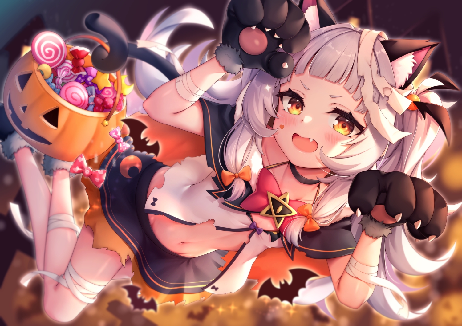 animal_ears, arata_(xin), bandage, candy, cape, catgirl, cosplay, fang