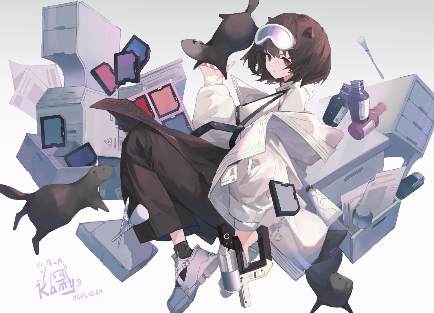 animal, animal_ears, arknights, brown_eyes, brown_hair, goggles, gradient, kami_otona