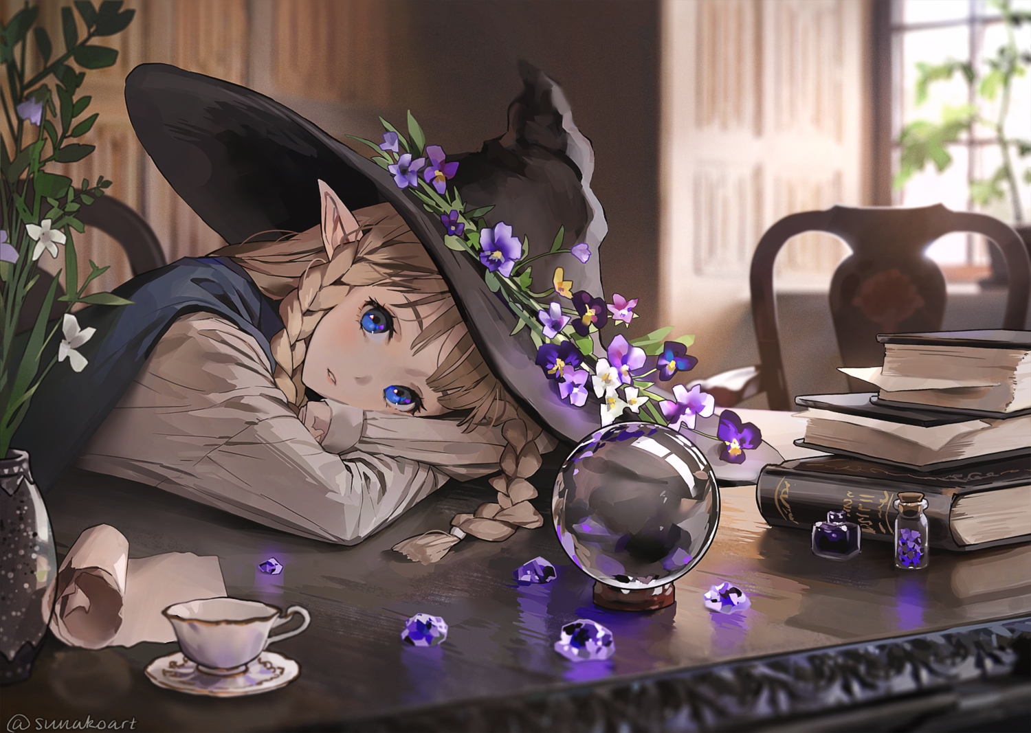 blue_eyes, book, braids, brown_hair, flowers, hat, leaves, long_hair