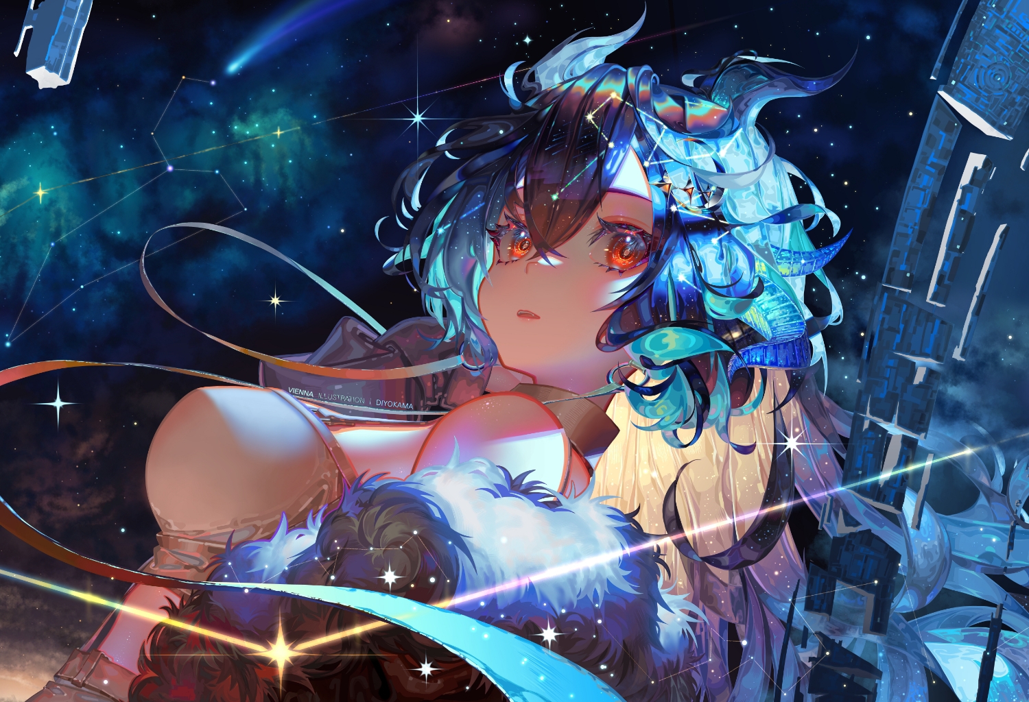 aliasing, aqua_hair, close, cloud9, diyokama, indie_virtual_youtuber, long_hair, red_eyes, sky, stars, vienna_(vtuber), watermark
