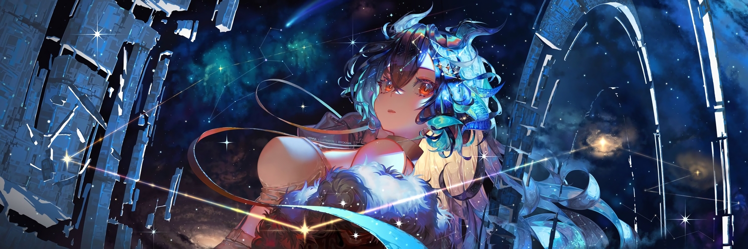 aqua_hair, close, cloud9, diyokama, indie_virtual_youtuber, long_hair, red_eyes, sky, stars, vienna_(vtuber), waifu2x, watermark