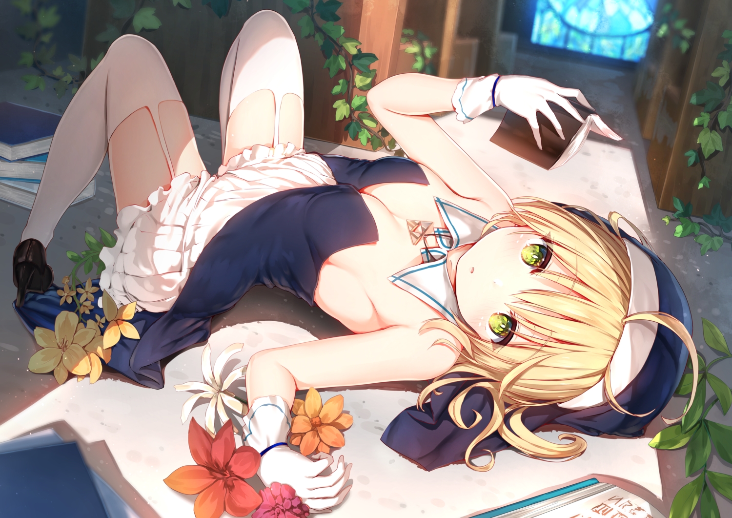 blonde_hair, blush, book, breasts, cleavage, dress, flowers, garter_belt, gloves, green_eyes, nun, original, stockings, sune_(mugendai)