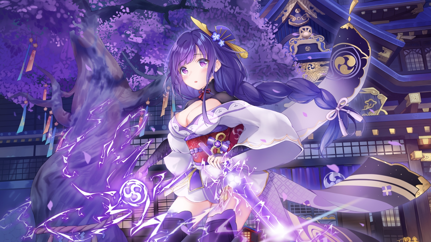 braids, breasts, building, cleavage, elbow_gloves, genshin_impact, gloves, japanese_clothes, long_hair, magic, nayuuchan, ponytail, purple_eyes, purple_hair, raiden_shogun, thighhighs, tree