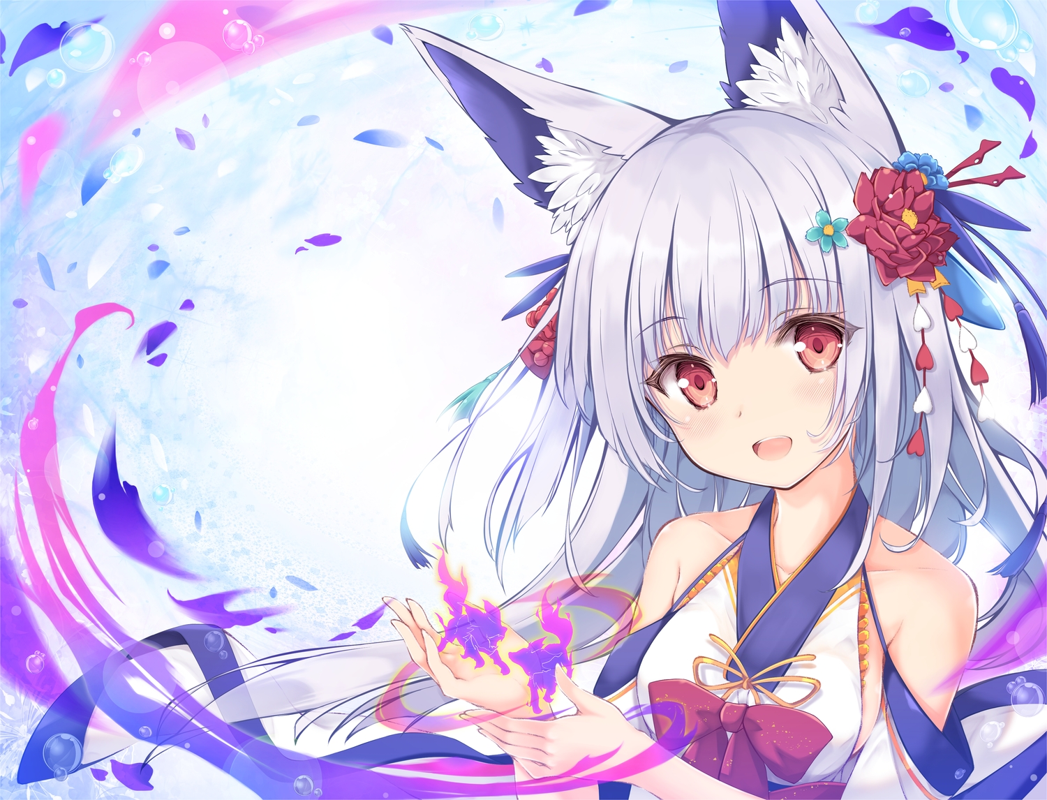 animal_ears, bubbles, close, fire, foxgirl, gray_hair, japanese_clothes, long_hair, magic, original, petals, red_eyes, tenmu_shinryuusai