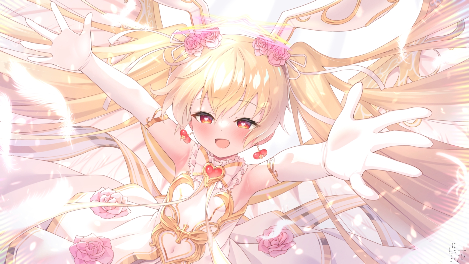 animal_ears, bettle_(b_s_a_n), blonde_hair, blush, bow, bunny_ears, bunnygirl, close, cross, dress, elbow_gloves, feathers, gloves, loli, long_hair, navel, paphiria_(sennen_sensou_aigis), red_eyes, ribbons, sennen_sensou_aigis, signed, twintails, wings