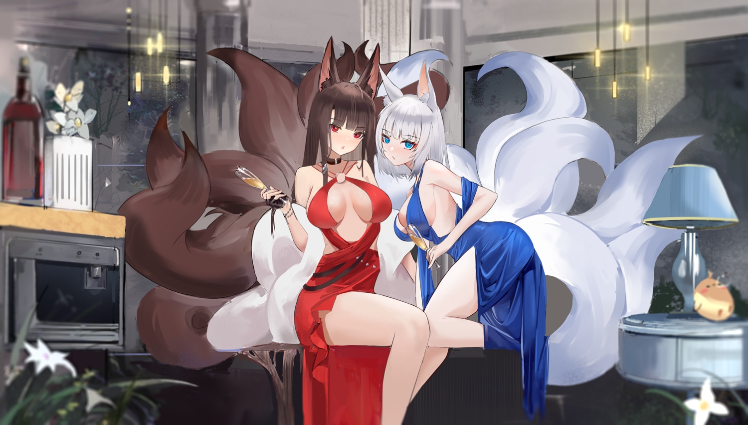 2girls, akagi_(azur_lane), animal, animal_ears, anthropomorphism, azur_lane, bird, blue_eyes