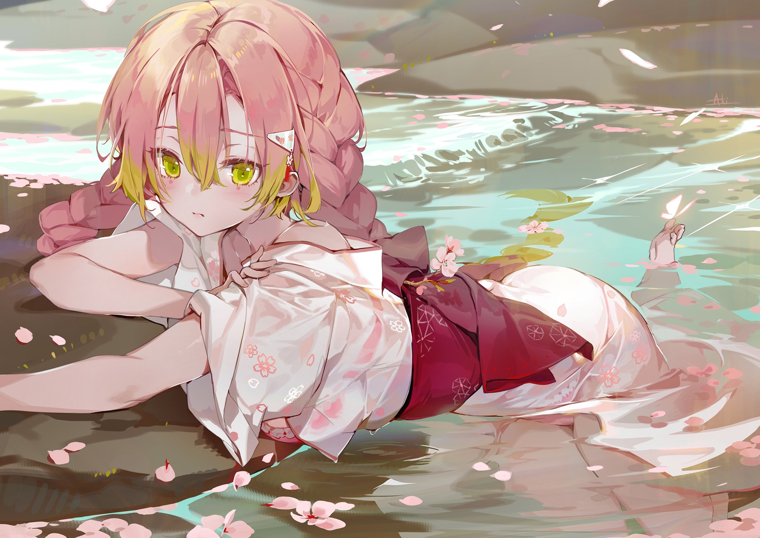 akizero1510, braids, cherry_blossoms, flowers, green_eyes, japanese_clothes, kanroji_mitsuri, kimetsu_no_yaiba