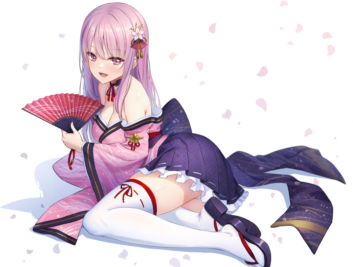 aliasing, breasts, cleavage, fan, japanese_clothes, long_hair, petals, pink_hair