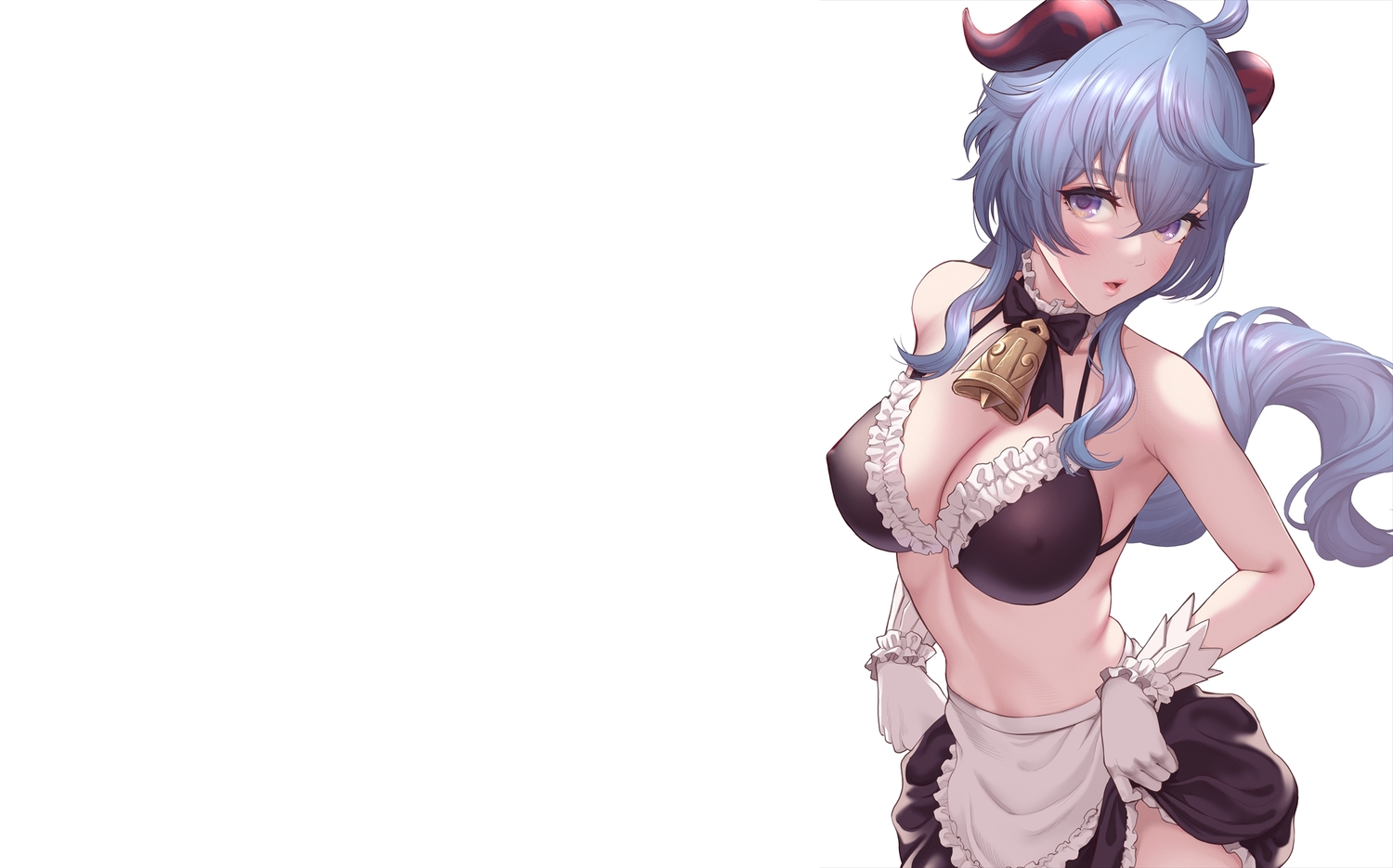 bikini_top, blue_eyes, blue_hair, edogawa_roman, erect_nipples, ganyu_(genshin_impact), genshin_impact, gloves, horns, long_hair, maid, skirt, skirt_lift, white