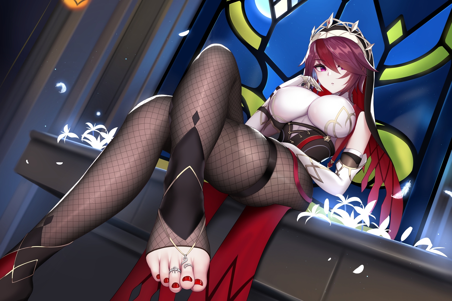 crown, feathers, garter, genshin_impact, headdress, nekoda_(maoda), nun, pantyhose