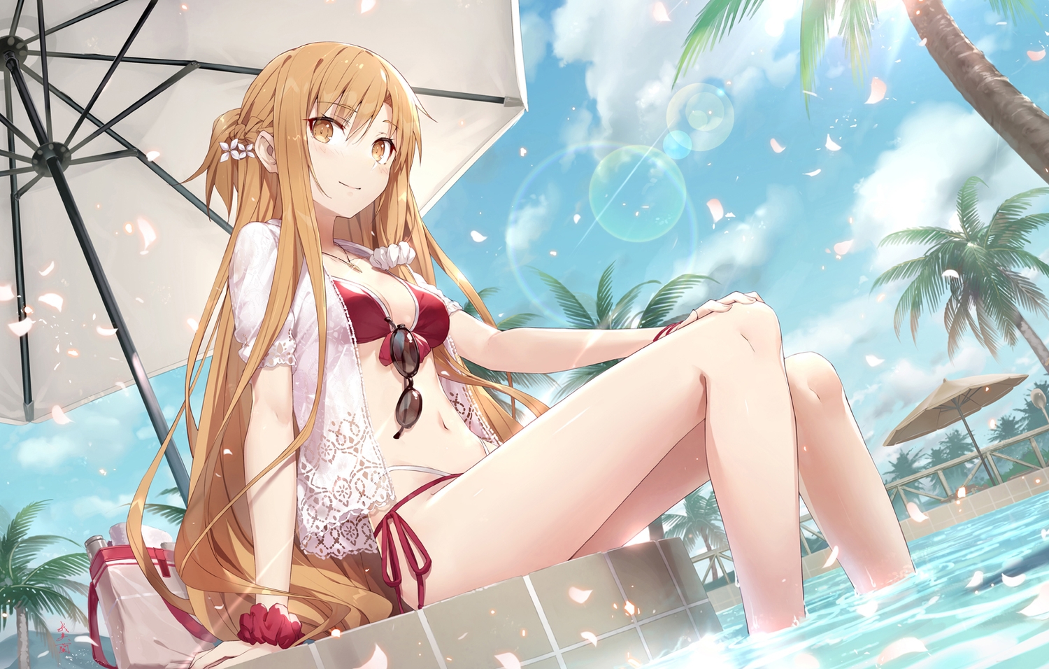 bikini, brown_eyes, brown_hair, clouds, gabiran, long_hair, navel, pool