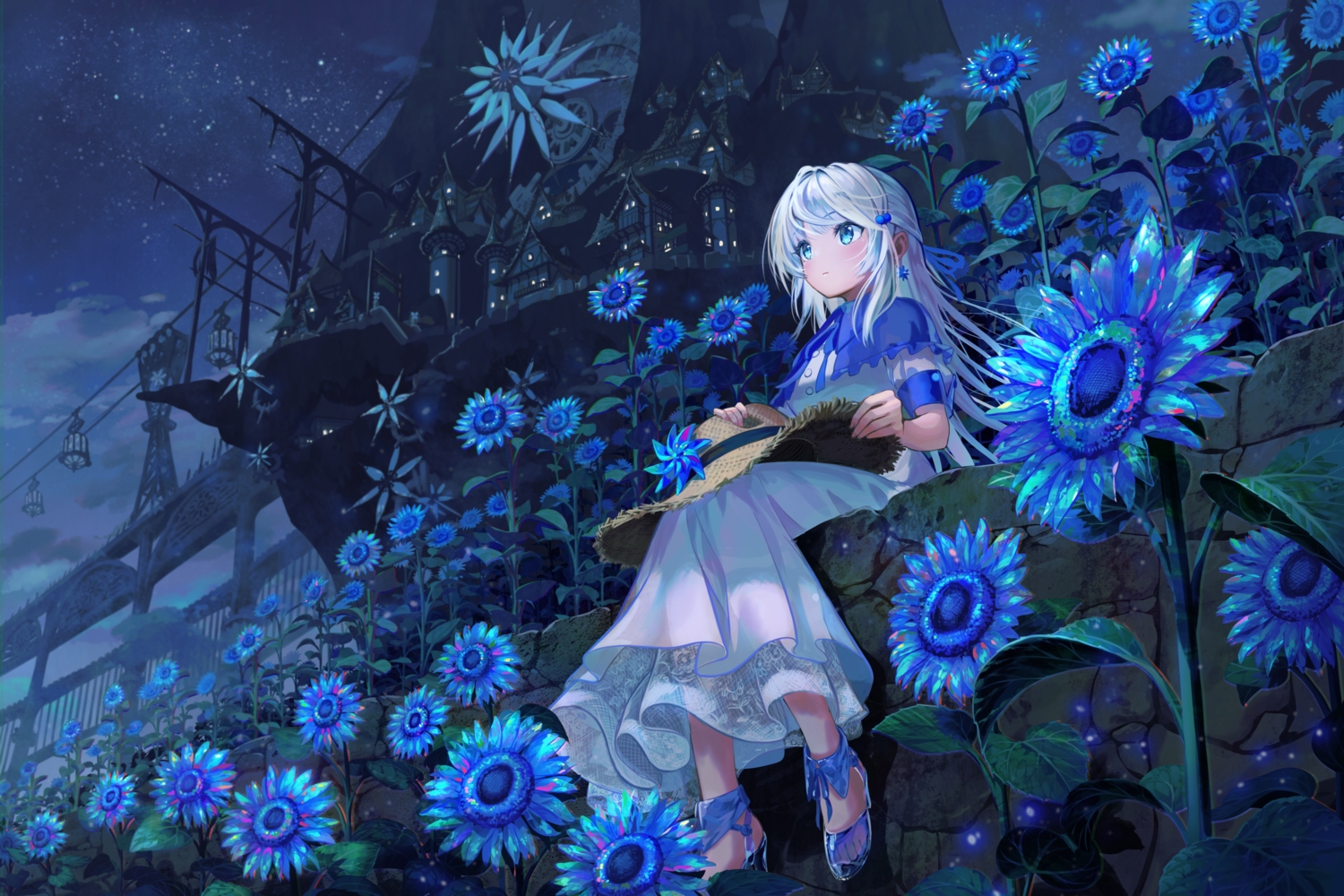 aqua_eyes, blush, building, city, clouds, dress, flowers, hat, long_hair, night, original, pi_(p77777778), sky, stars, sunflower, white_hair, windmill