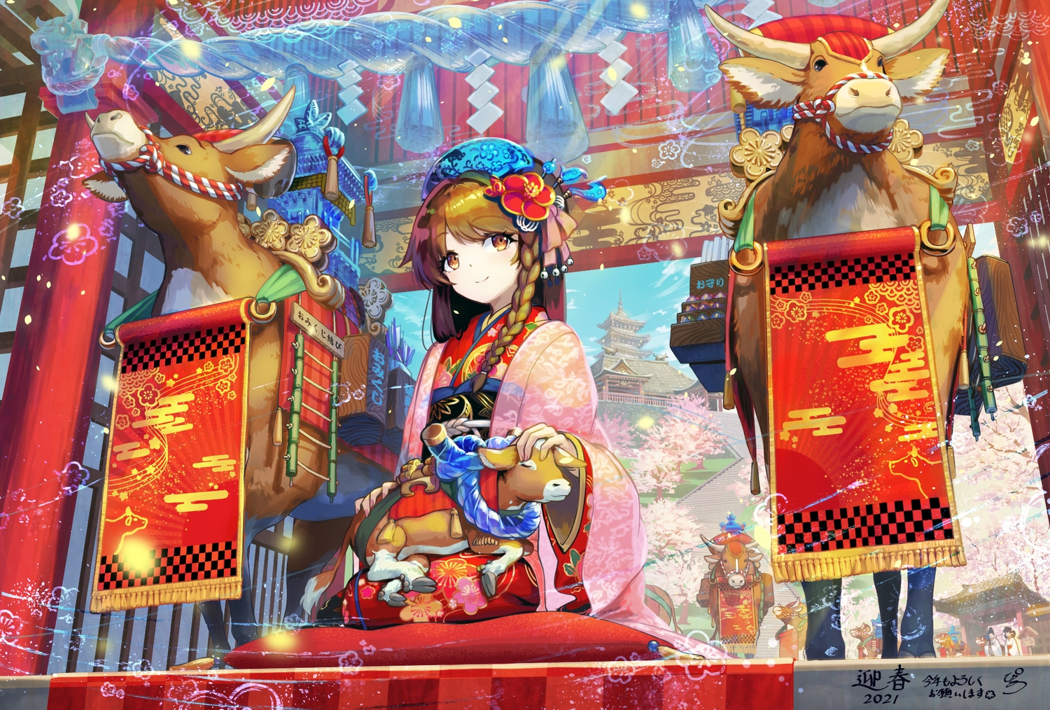 animal, brown_hair, building, festival, japanese_clothes, kimono, long_hair, original