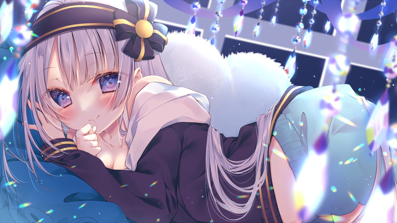 blush, breasts, cleavage, long_hair, original, purple_eyes, purple_hair, signed