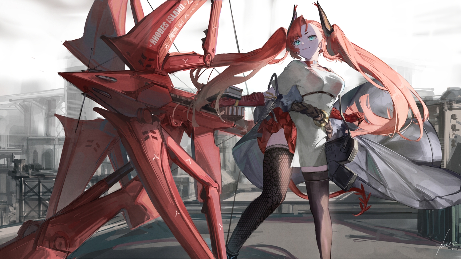 arknights, bow_(weapon), building, city, collar, dress, elbow_gloves, gloves, green_eyes, long_hair, nashidrop, polychromatic, red_hair, rooftop, signed, tail, thighhighs, toddifons_(arknights), twintails, weapon