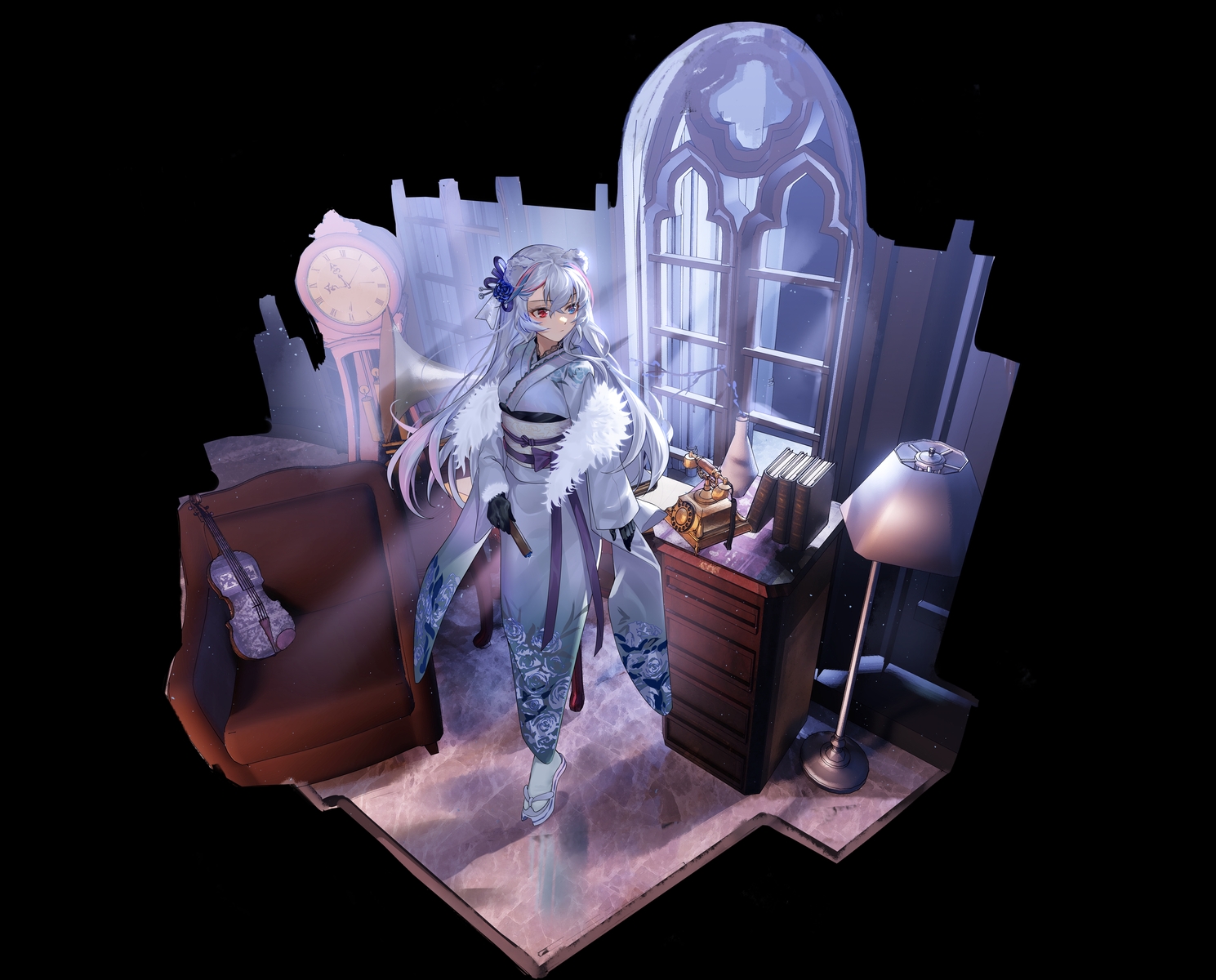 arknights, bicolored_eyes, black, blue_eyes, book, fan, gloves, gray_hair, hongbaise_raw, instrument, japanese_clothes, kimono, long_hair, red_eyes, rosa_(arknights)