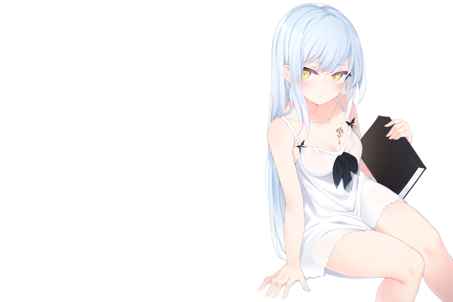 aliasing, blue_hair, blush, book, breasts, cleavage, dress, long_hair