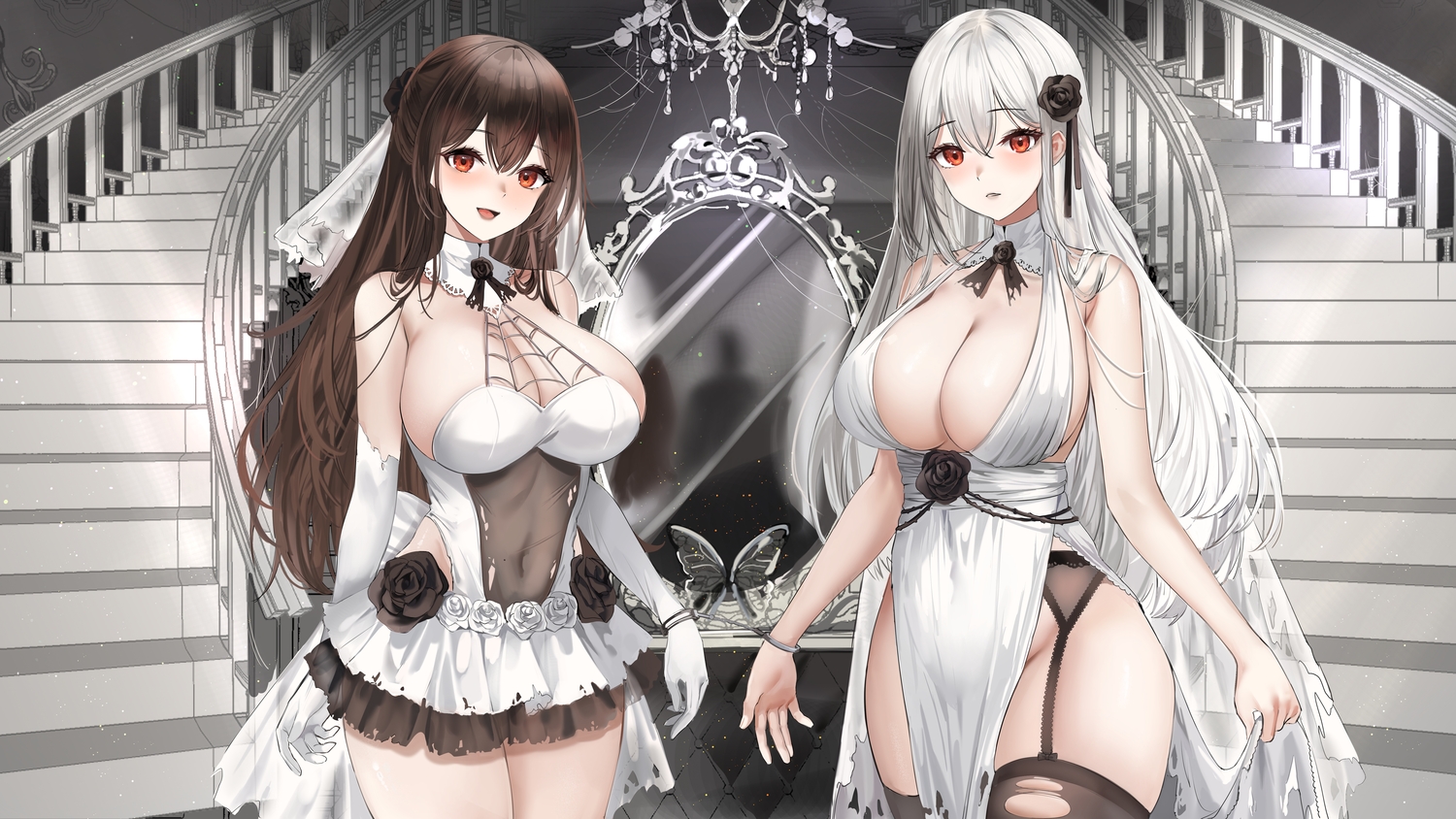 2girls, blush, bondage, breasts, brown_eyes, brown_hair, cleavage, dress