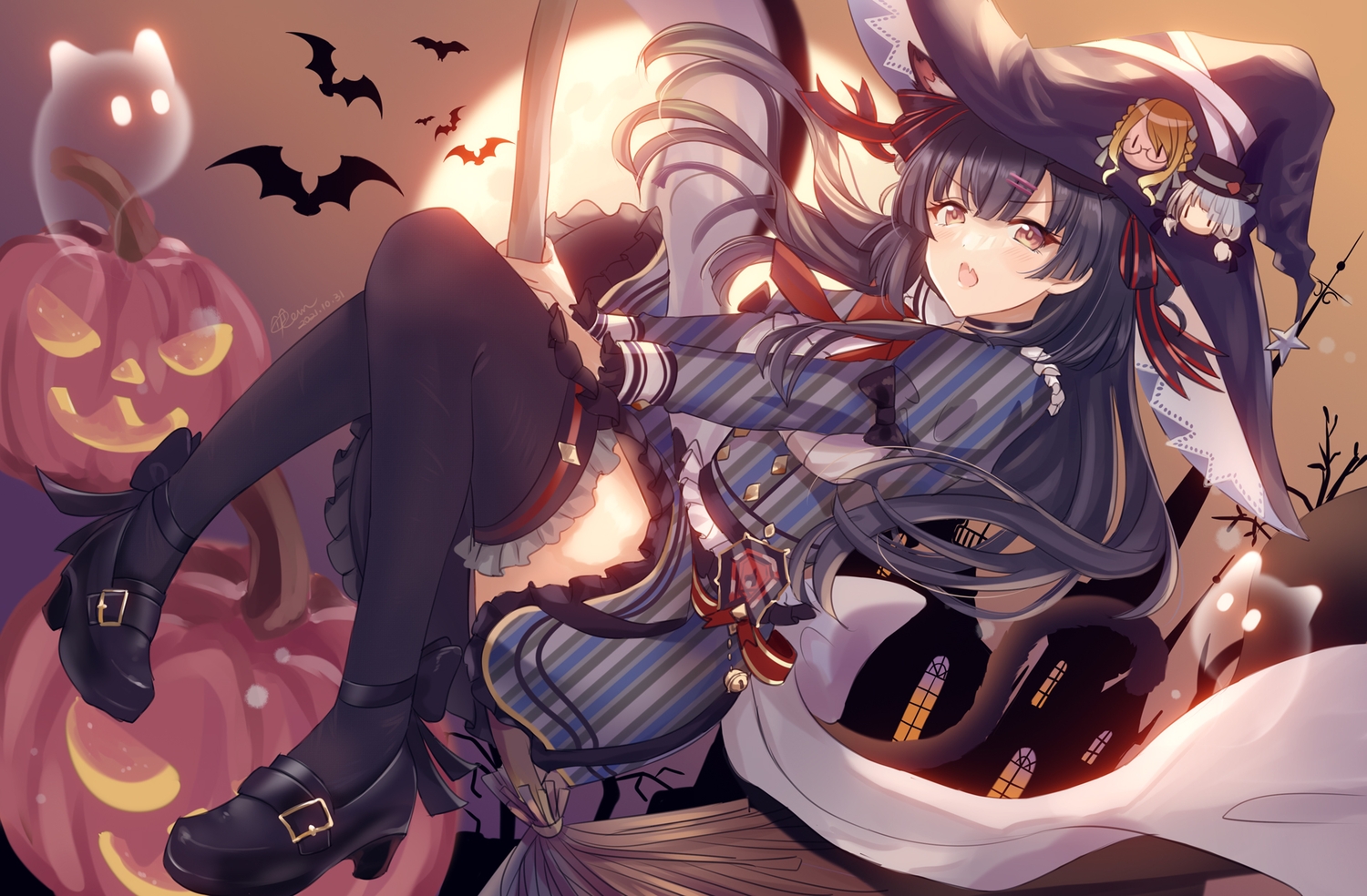animal, animal_ears, bat, black_hair, brown_eyes, catgirl, chibi, cosplay, dress, halloween, hat, idolmaster, idolmaster_shiny_colors, kevn, long_hair, mayuzumi_fuyuko, moon, pumpkin, signed, sky, tail, witch, witch_hat