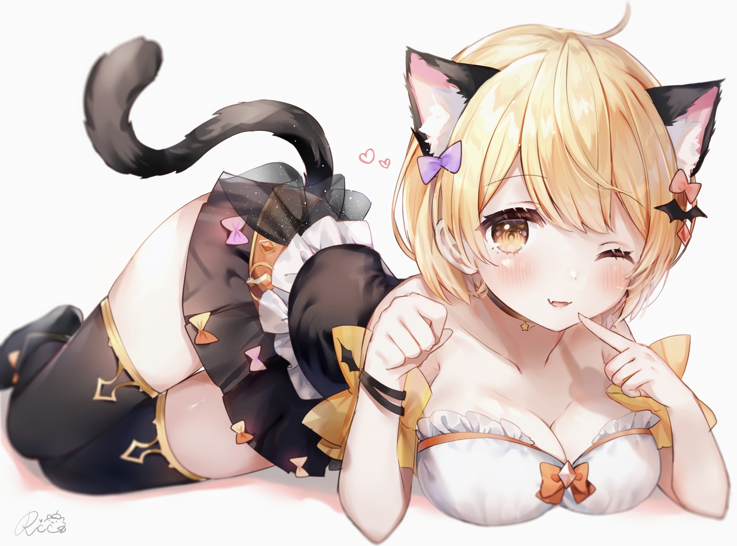 animal_ears, blonde_hair, blush, breasts, catgirl, choker, cleavage, halloween