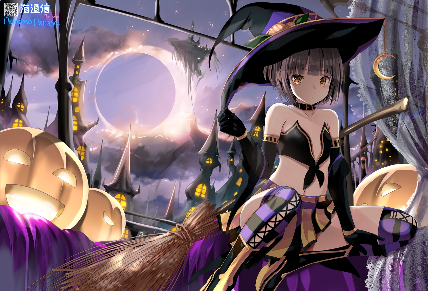 blush, brown_hair, clouds, collar, elbow_gloves, gloves, halloween, hat