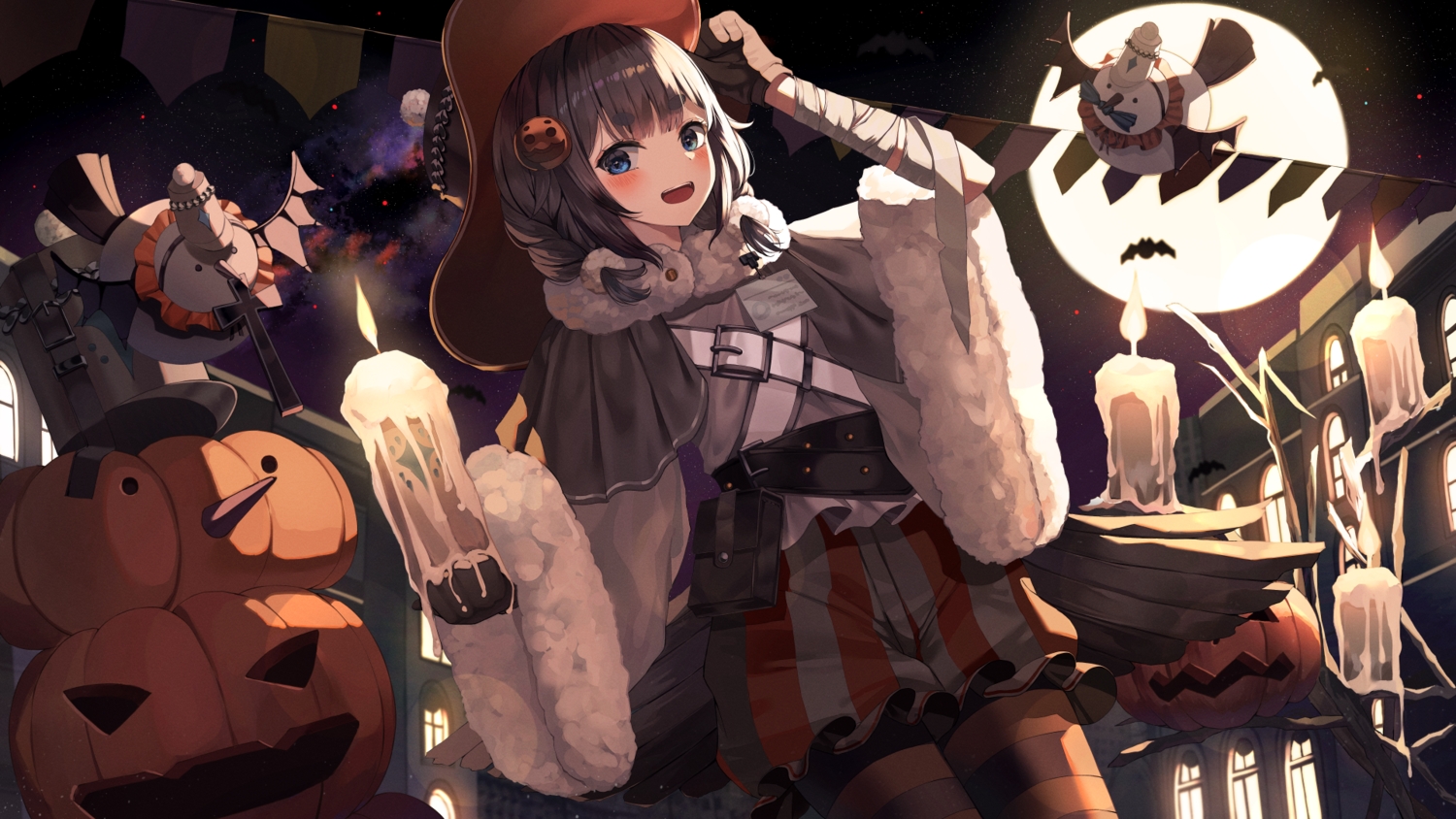alchemy_stars, bloomers, blue_eyes, blush, brown_hair, building, halloween, hat