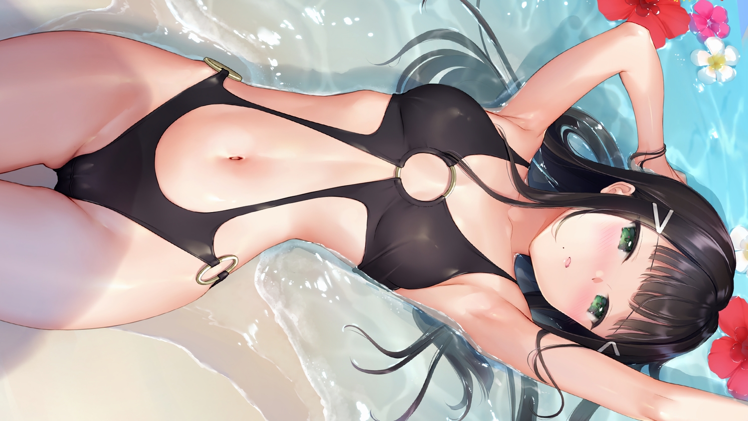 beach, black_hair, cameltoe, flowers, green_eyes, kurosawa_dia, long_hair, love_live!_school_idol_project, love_live!_sunshine!!, mignon, navel, swimsuit, third-party_edit, water