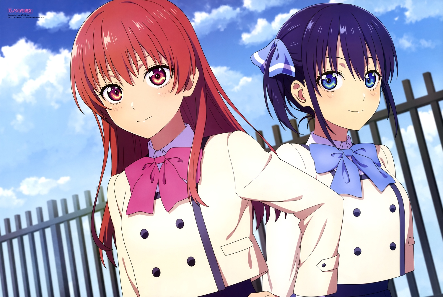 2girls, aquastar_inc., blue_eyes, blue_hair, bow, clouds, kanojo_mo_kanojo, long_hair, minase_nagisa, ponytail, saki_saki, scan, school_uniform, short_hair, sky