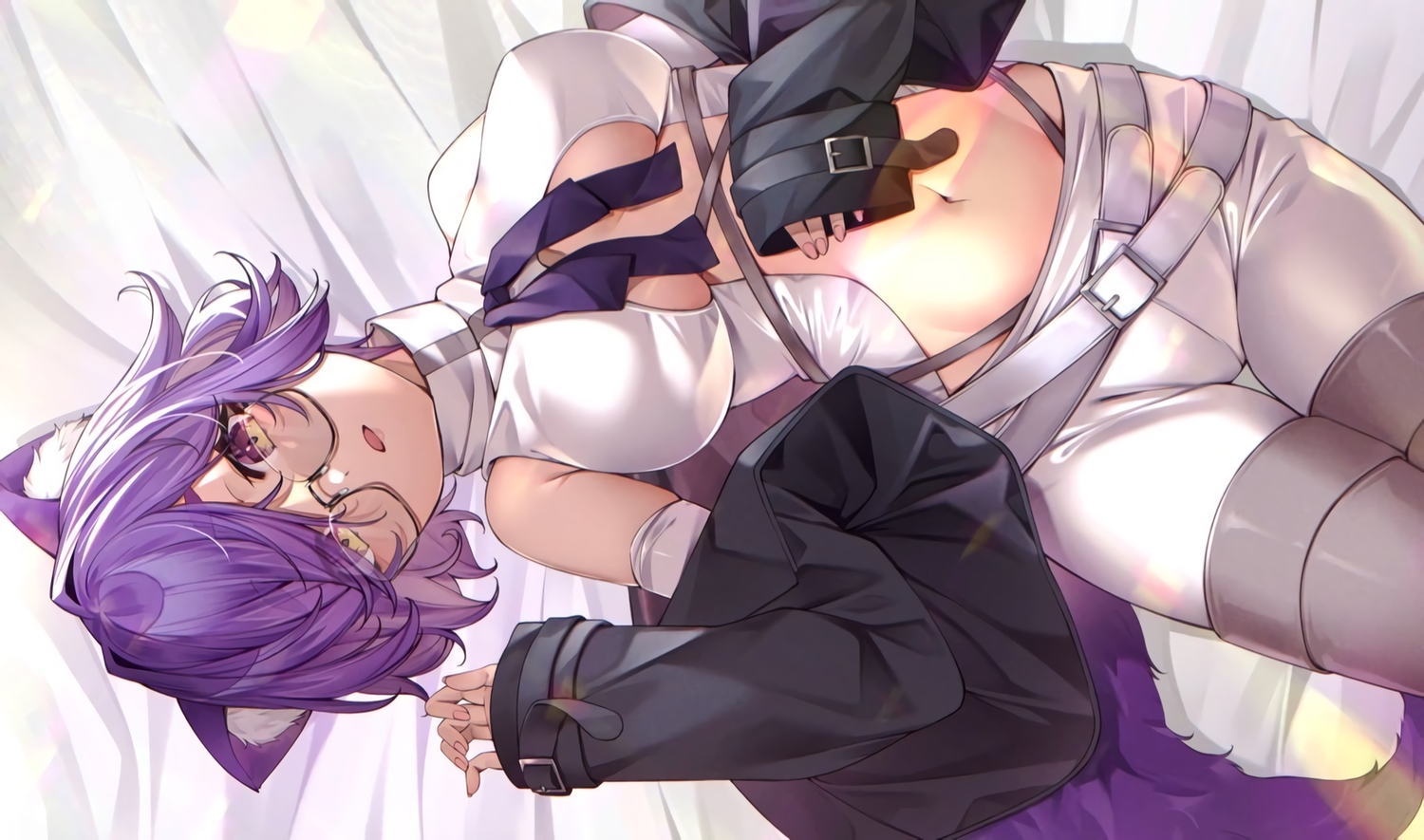 animal_ears, boots, bow, breasts, brown_eyes, catgirl, glasses, izumi_kei