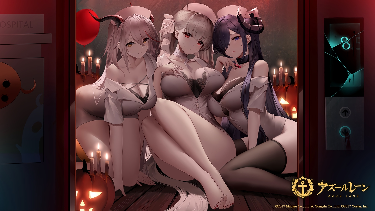 aegir_(azur_lane), anthropomorphism, an_yasuri, august_von_parseval_(azur_lane), azur_lane, brown_eyes, cosplay, formidable_(azur_lane), gray_hair, halloween, horns, logo, long_hair, nurse, pumpkin, purple_hair, red_eyes, thighhighs, twintails