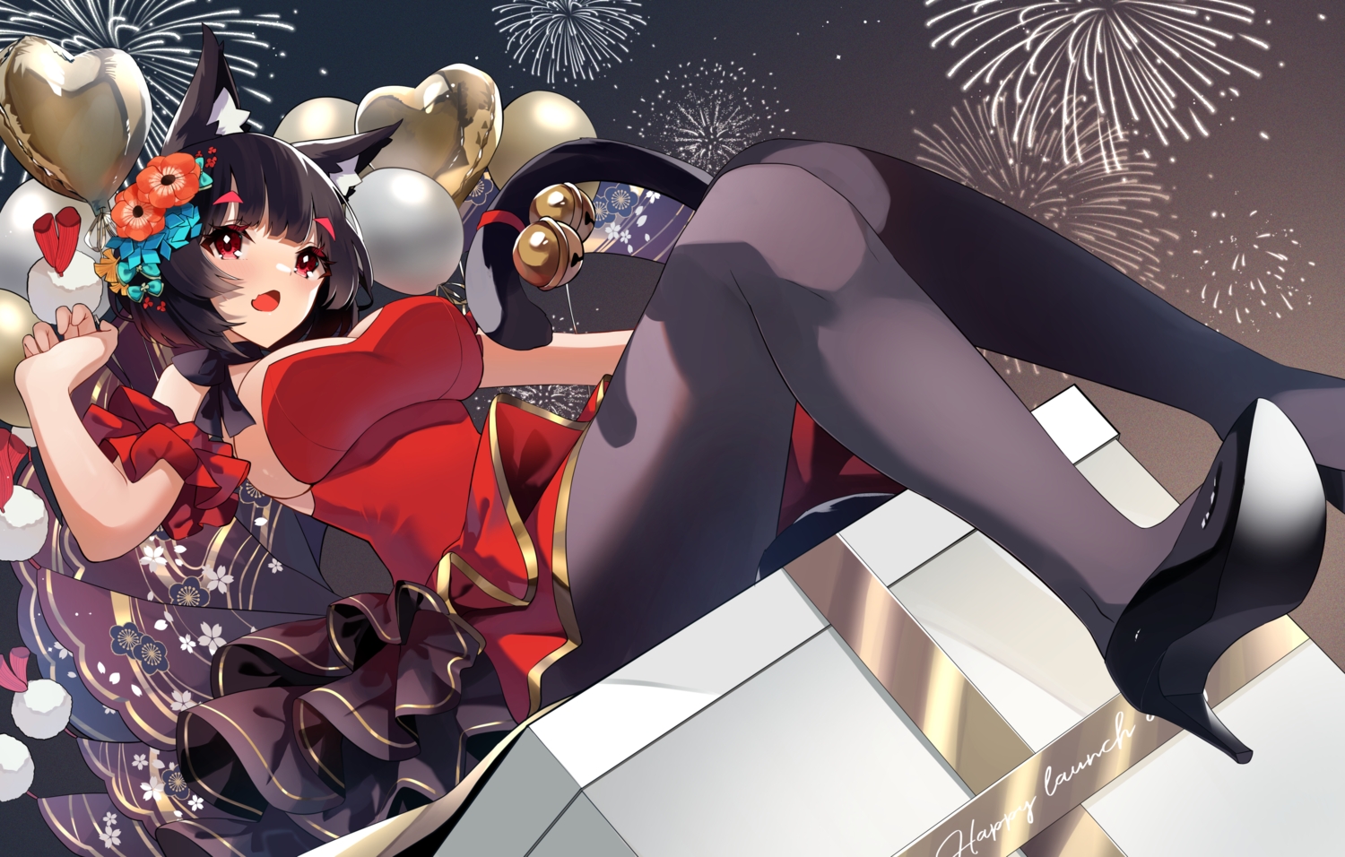 animal_ears, anthropomorphism, azur_lane, bell, black_hair, catgirl, dress, fireworks