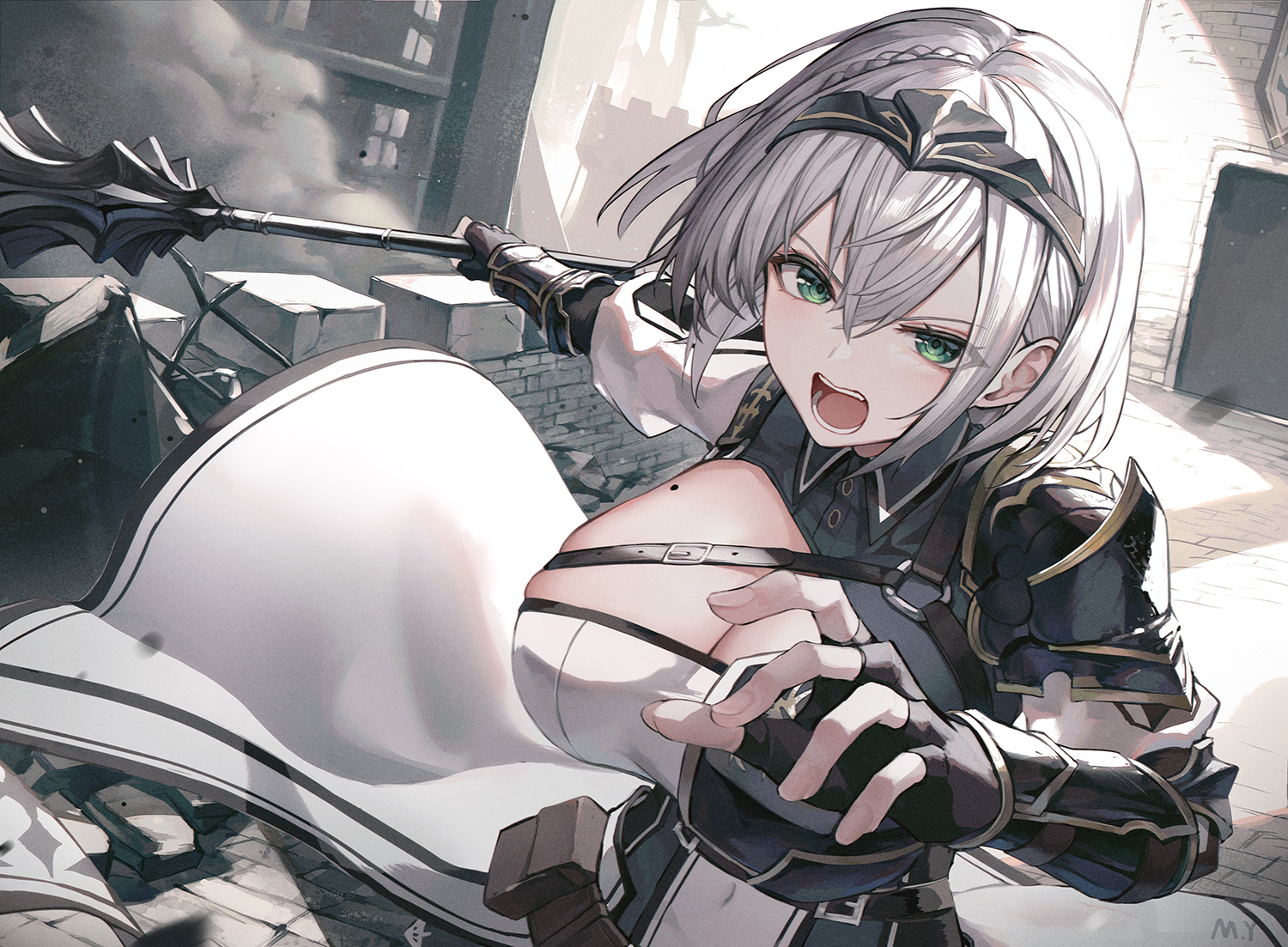 armor, braids, breasts, building, cleavage, close, gloves, gray_hair, green_eyes, headband, hololive, myung_yi, rooftop, shirogane_noel, short_hair, signed, weapon