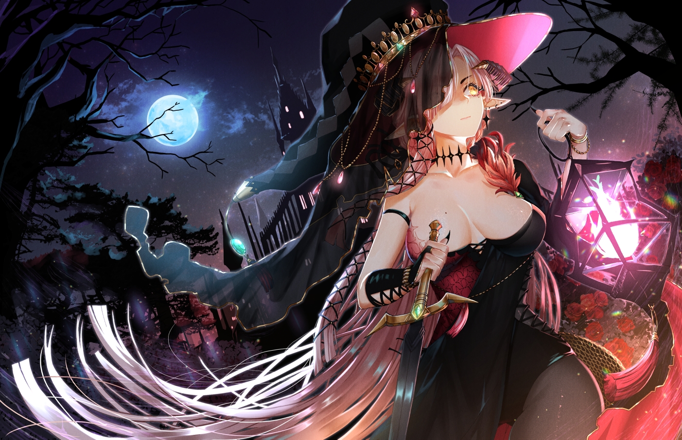 aliasing, building, clouds, dress, gloves, halloween, hat, long_hair, moon, night, niwa_nini, pantyhose, pink_hair, pointed_ears, sky, sword, tree, wani_(fadgrith), weapon, witch_hat, yellow_eyes