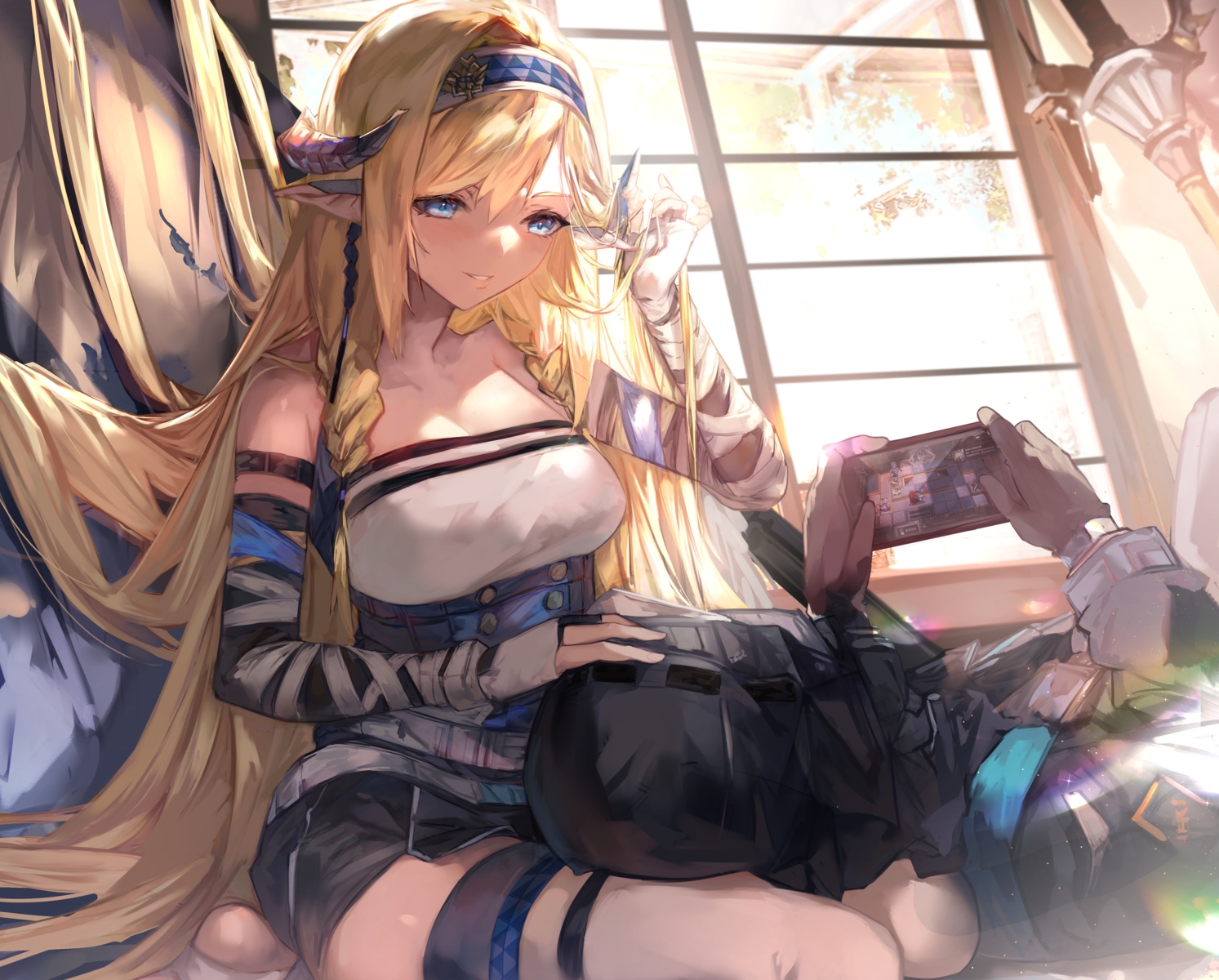 arknights, blonde_hair, blue_eyes, braids, cropped, doctor_(arknights), headband, hood, long_hair, male, phone, pointed_ears, saileach_(arknights), saitogiulio, thighhighs
