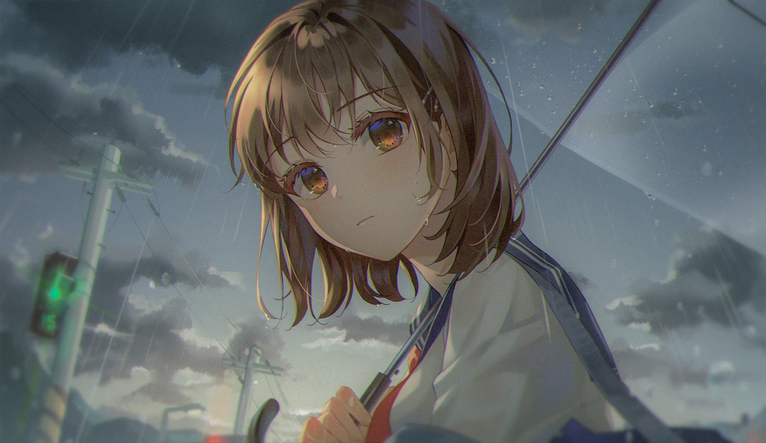 brown_eyes, brown_hair, close, clouds, connie_(keean2019), original, rain, school_uniform