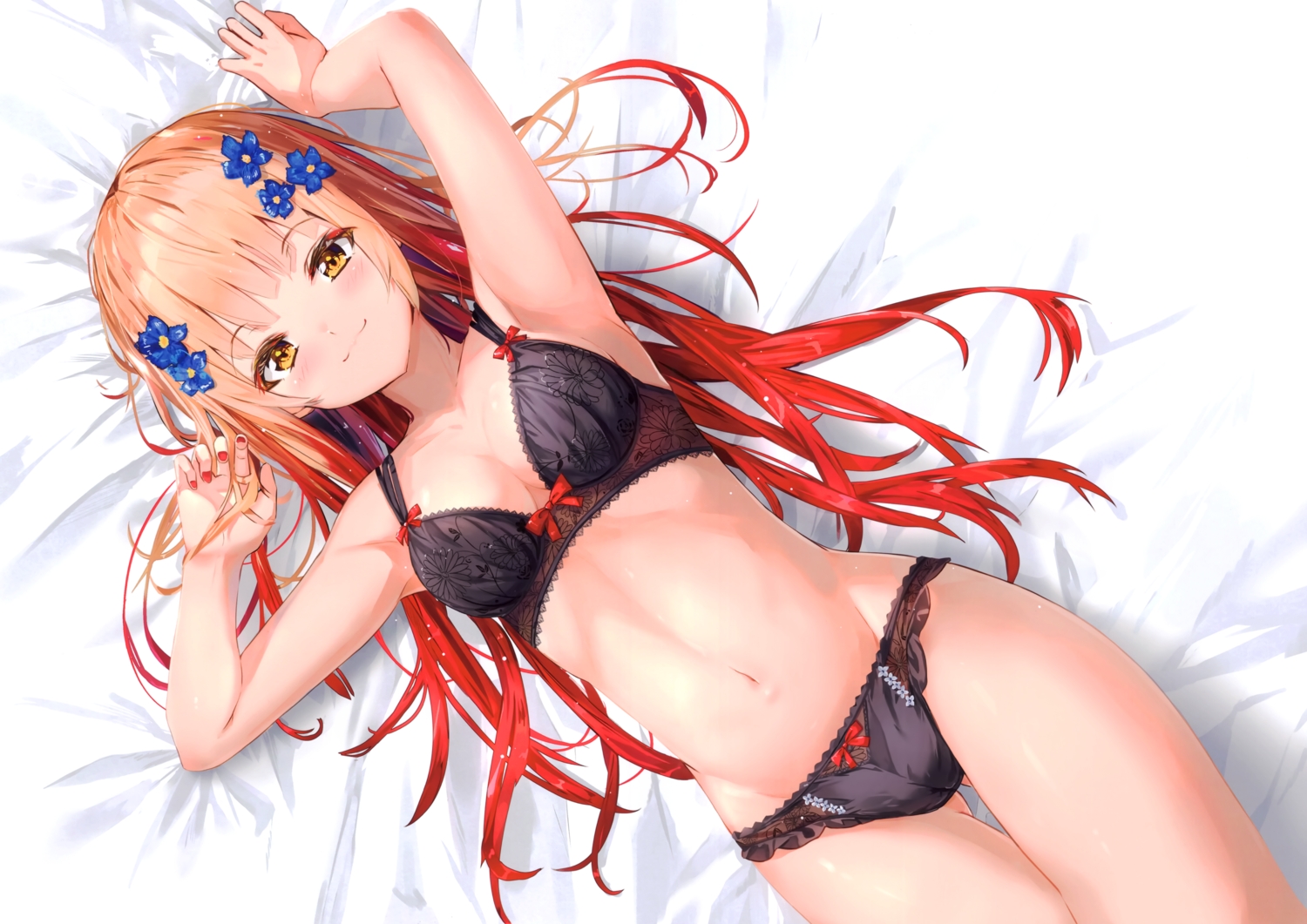 bed, blush, bra, brown_eyes, brown_hair, cropped, long_hair, na_kyo