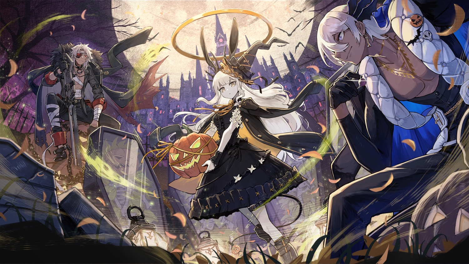 alchemy_stars, bandage, building, chain, corax_(alchemy_stars), cuscuta_(alchemy_stars), dress, eyepatch, gloves, grass, halloween, hat, kuroi_susumu, long_hair, male, moon, night, pumpkin, purple_eyes, sky, sword, taki_(alchemy_stars), weapon, white_hair, witch_hat