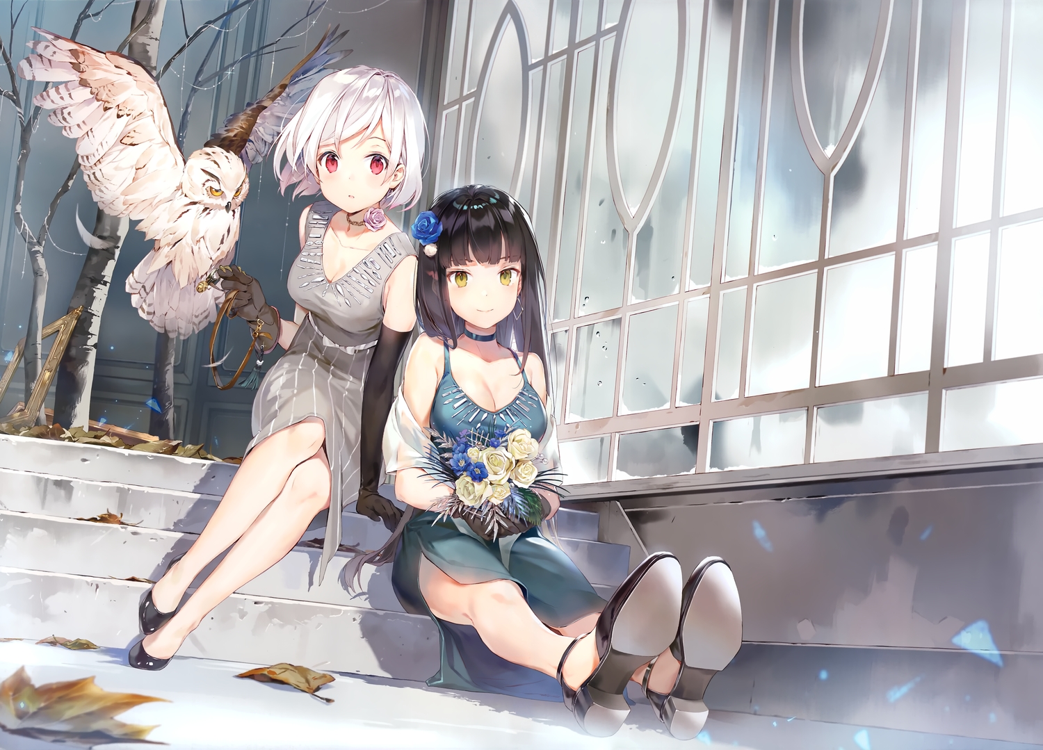 2girls, animal, bird, breasts, choker, cleavage, dress, elbow_gloves