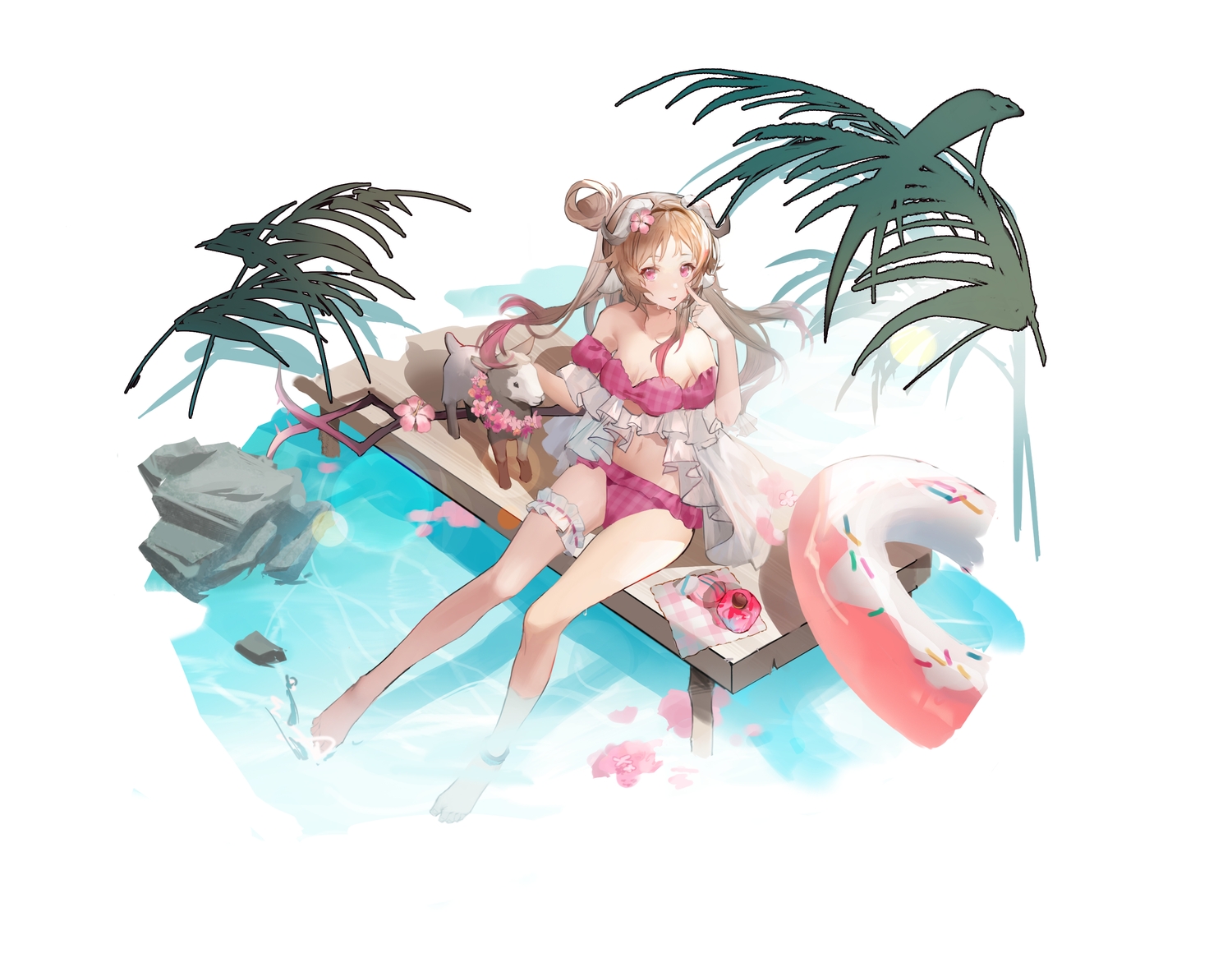animal, animal_ears, arknights, barefoot, bikini, brown_hair, eyjafjalla_(arknights), horns, long_hair, navel, purple_eyes, sheep, sheepgirl, swim_ring, swimsuit, water, white, you_zhaqi