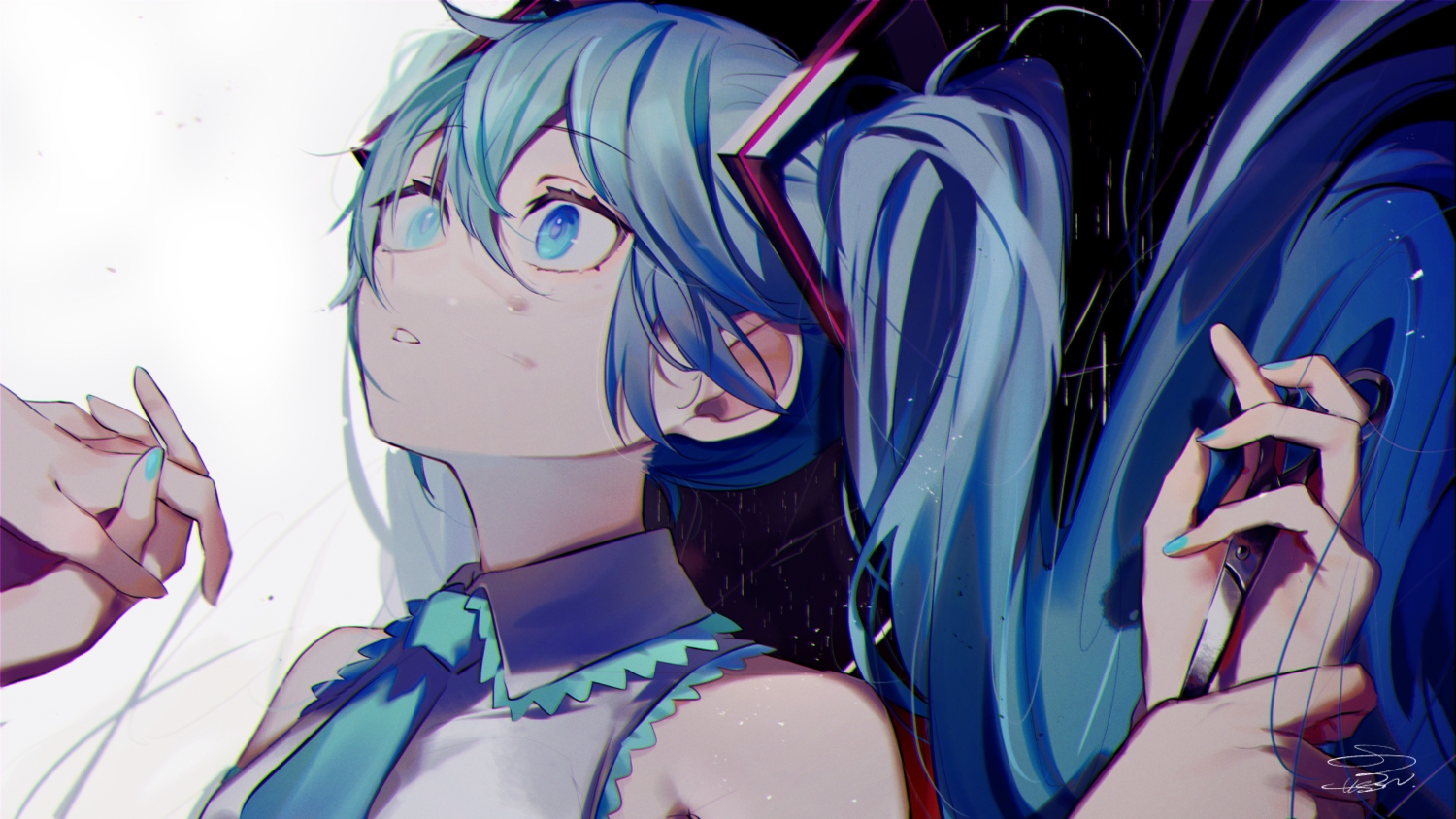 aqua_eyes, aqua_hair, close, hassan_(sink916), hatsune_miku, long_hair, mosaic_roll_(vocaloid), signed