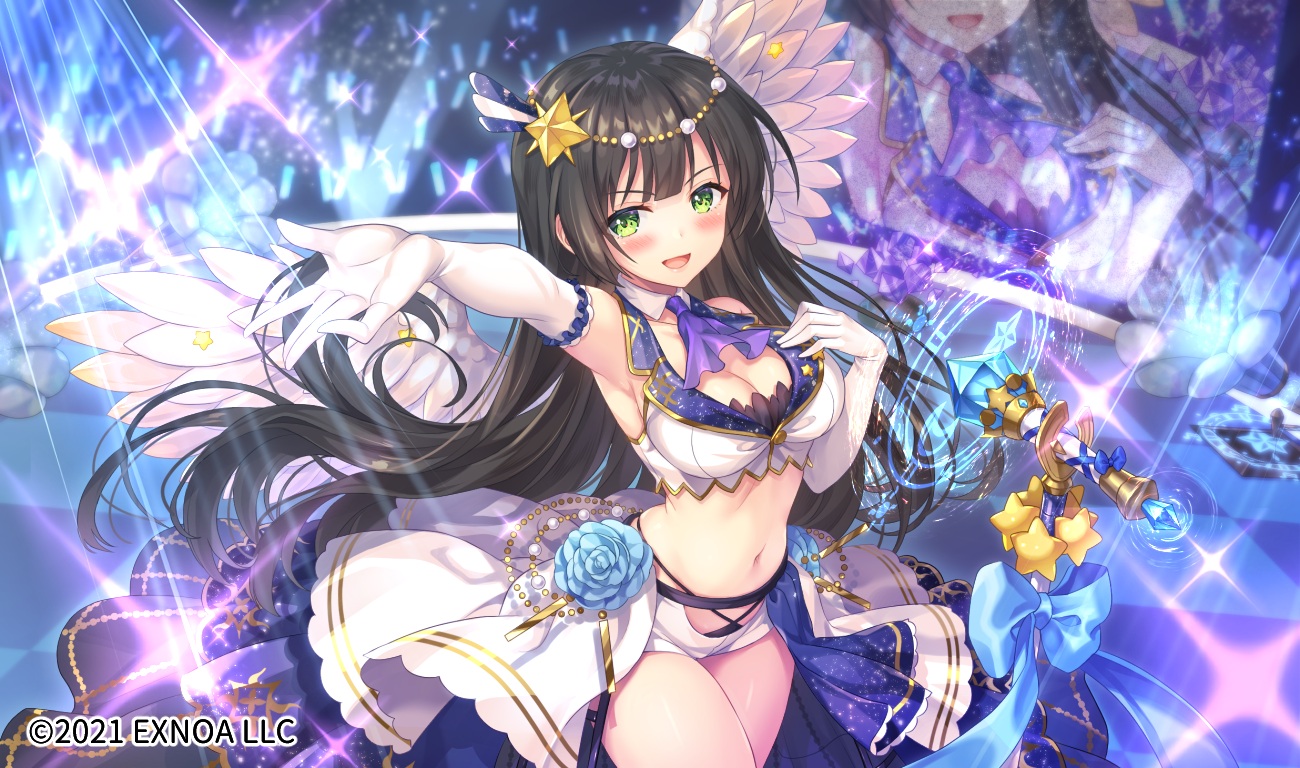 aliasing, black_hair, blush, breasts, cleavage, elbow_gloves, gloves, green_eyes