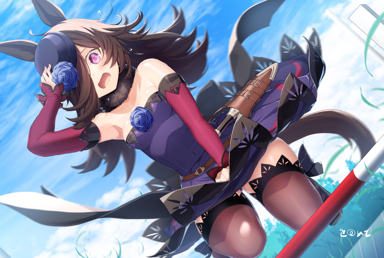 animal_ears, anthropomorphism, clouds, meth_(emethmeth), rice_shower_(umamusume), signed, sky, tail