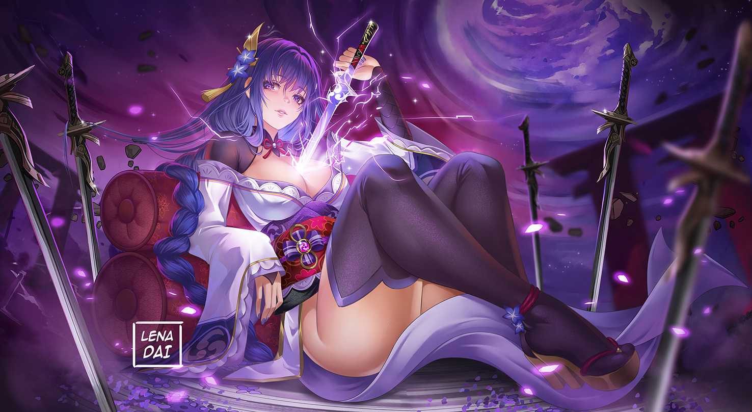 genshin_impact, japanese_clothes, lena_dai, long_hair, purple_hair, raiden_shogun, sword, thighhighs, watermark, weapon