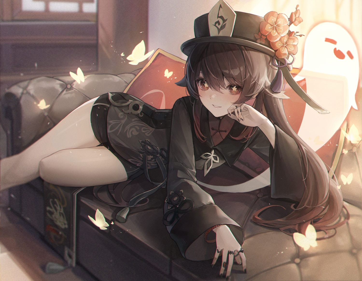 brown_hair, butterfly, chinese_clothes, genshin_impact, hat, hu_tao_(genshin_impact), long_hair, lunia