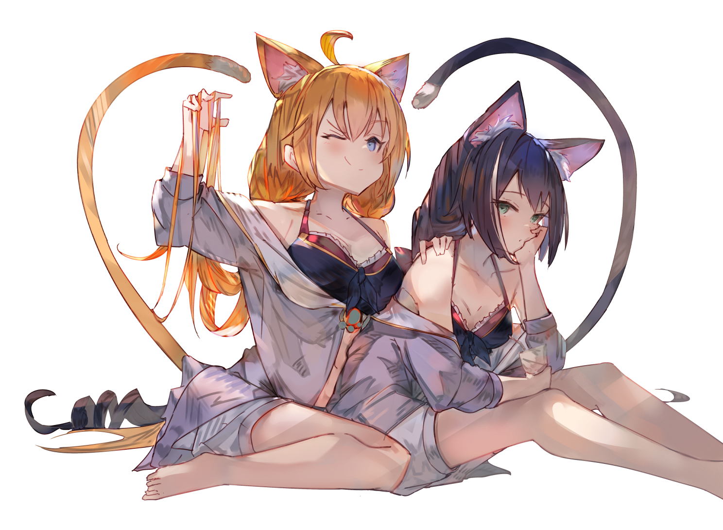 2girls, animal_ears, barefoot, catgirl, cosplay, karyl, long_hair, orange_hair, pecorine, princess_connect!, tail, tota_(sizukurubiks), white, wink
