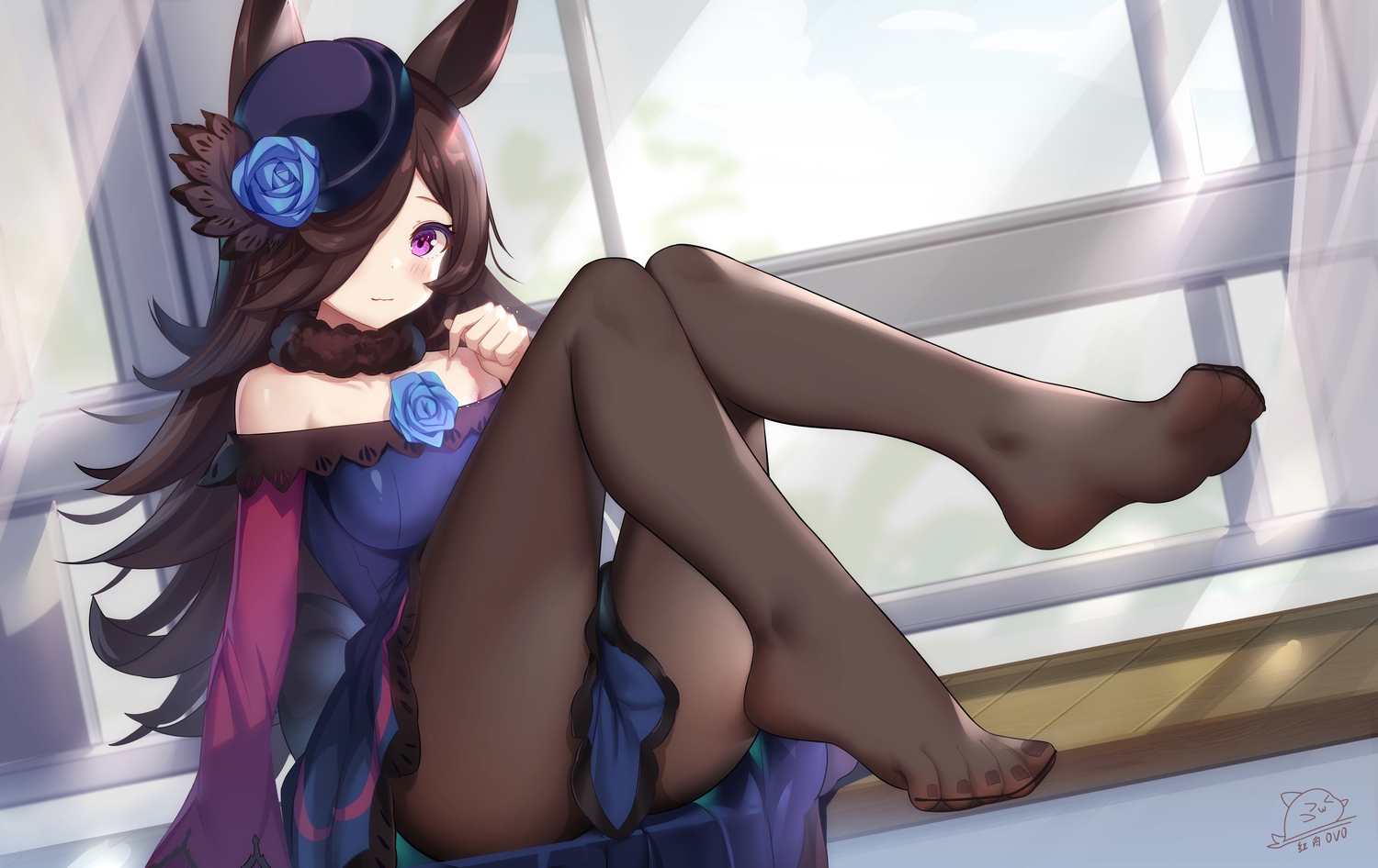 animal_ears, anthropomorphism, brown_hair, dress, hong_bai, long_hair, pantyhose, purple_eyes, rice_shower_(umamusume), signed, uma_musume:_pretty_derby