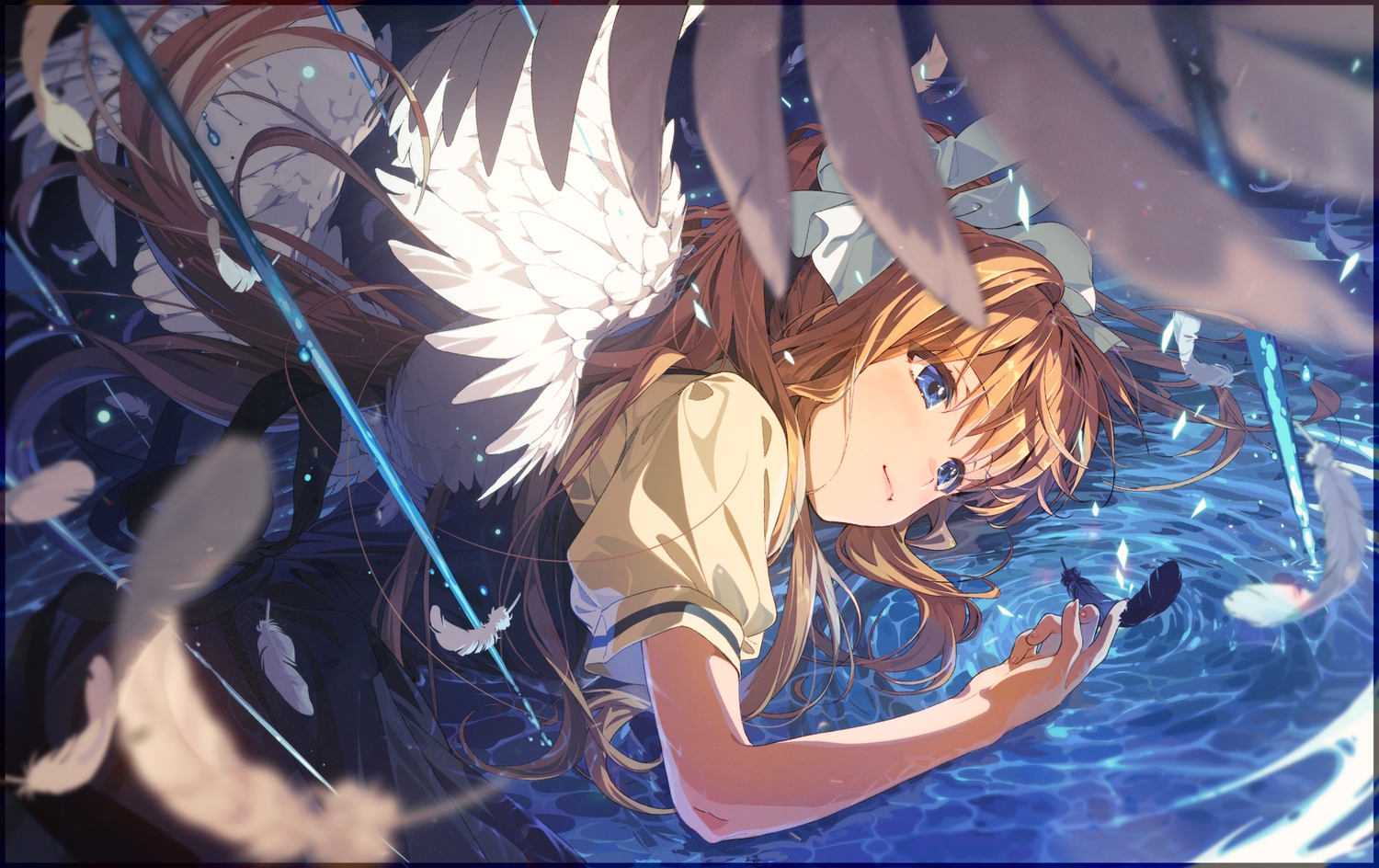 air, blue_eyes, brown_hair, feathers, joey_koguma, kamio_misuzu, long_hair, school_uniform