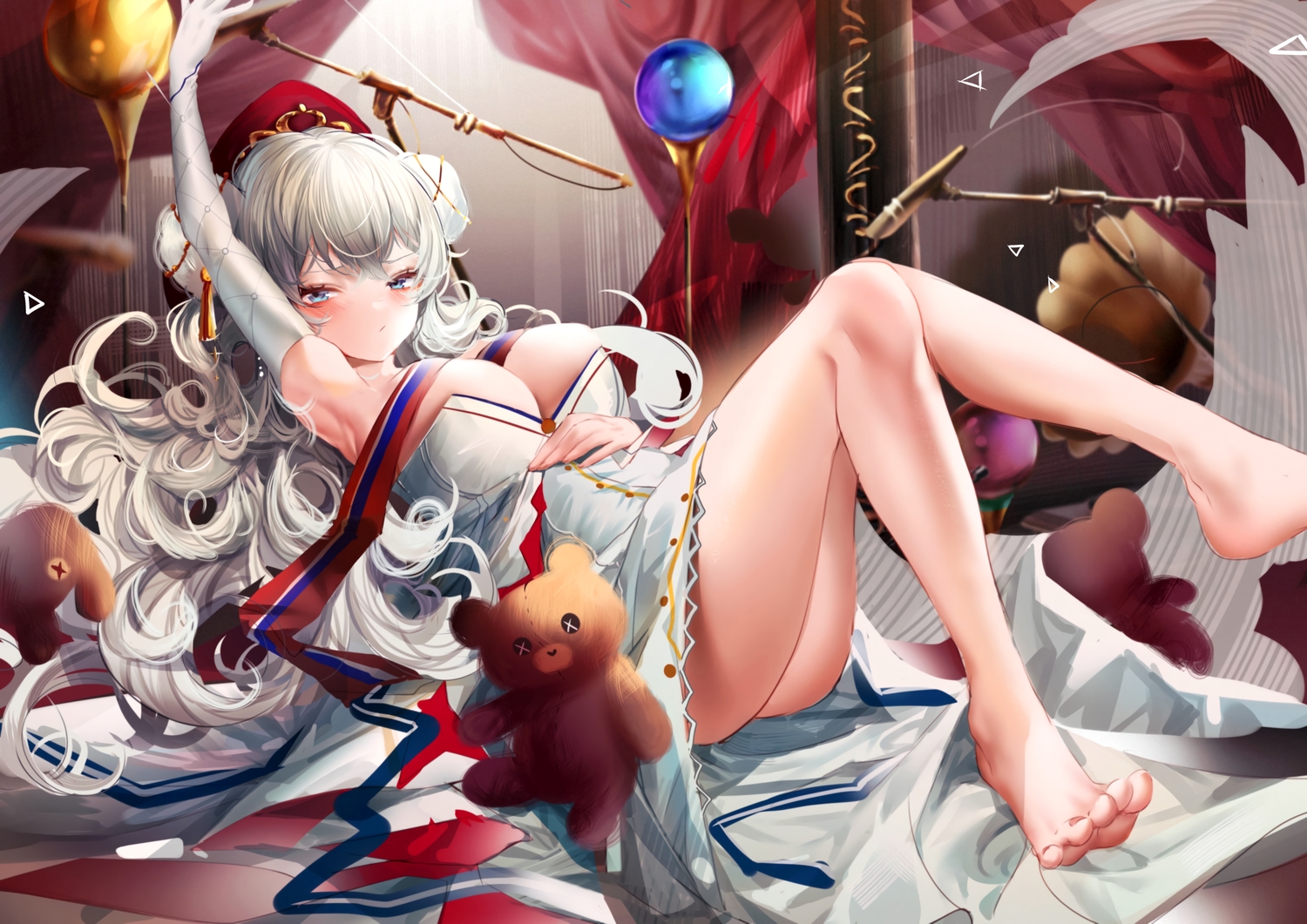 arknights, barefoot, blue_eyes, blush, elbow_gloves, gloves, gray_hair, japanese_clothes